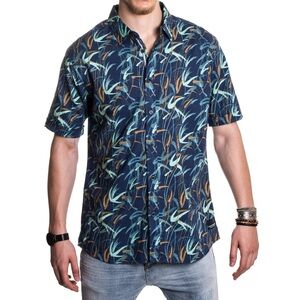 ANERKJENDT MENS BLUE SHORT SLEEVE SHIRT Sz L Prana Vintage Indigo Paint Splatter